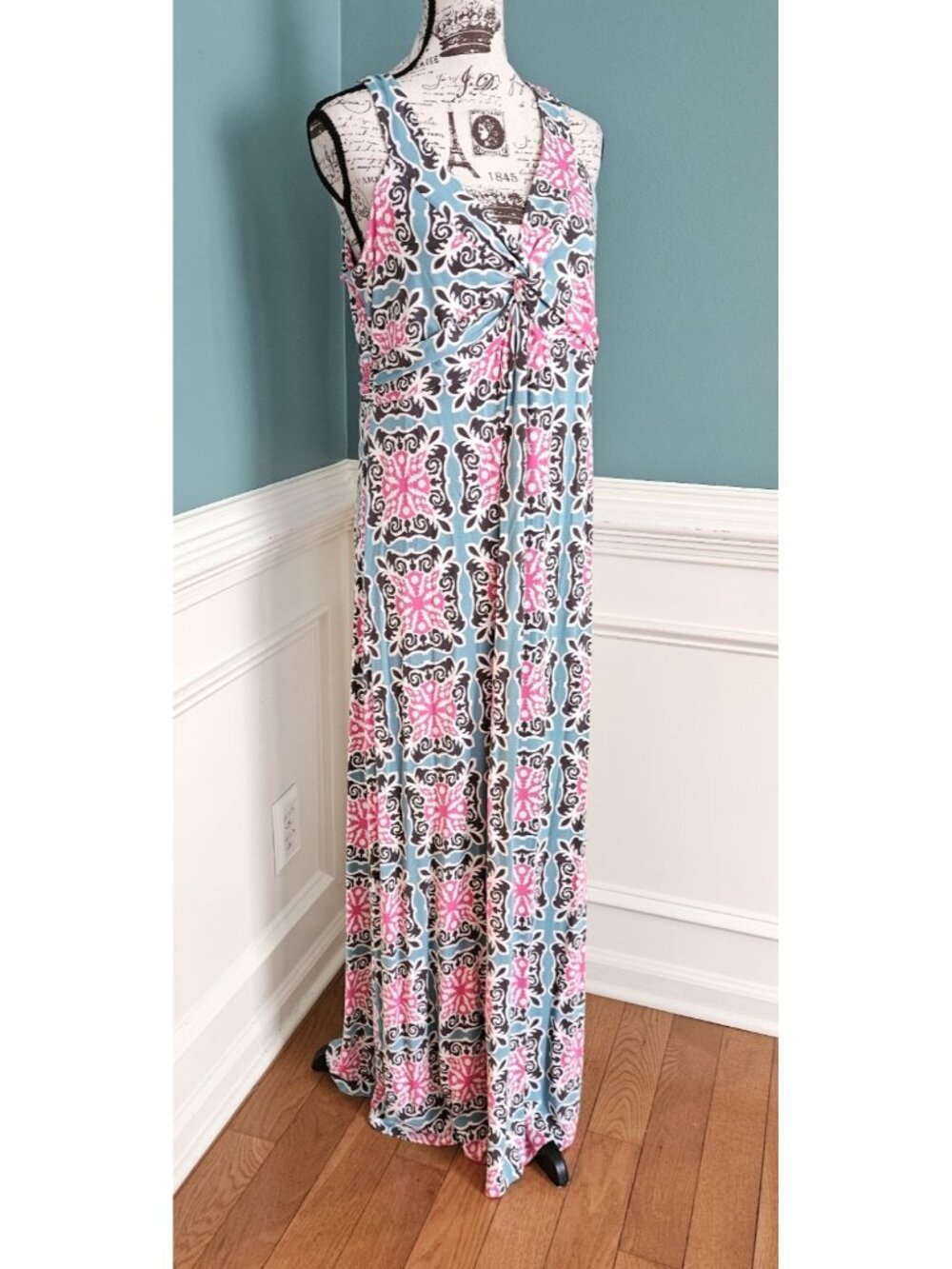 Boden 14L Aqua Floral Tile Mosaic Print Cotton Knit Maxi Dress